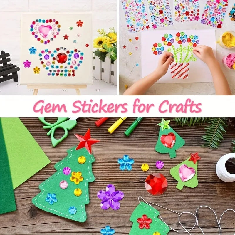 A collection of colorful acrylic gem stickers and rhinestones used for crafts and DIY projects.