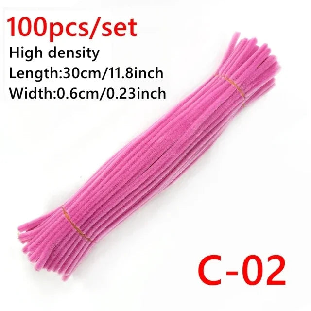 A bundle of 100 pink high-density chenille craft sticks measuring 30cm long