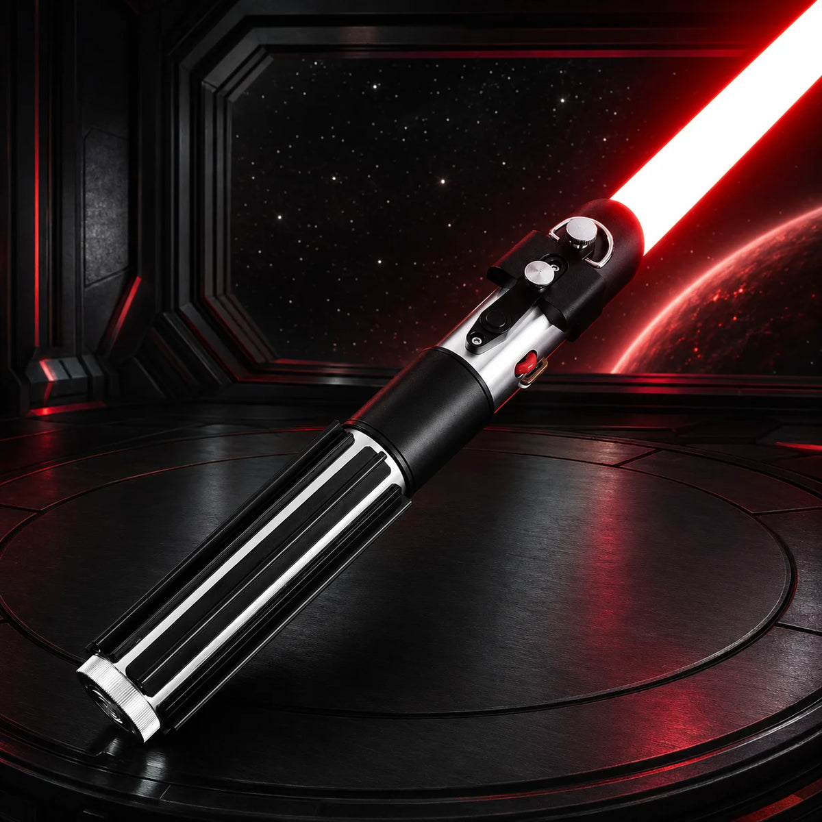 A black lightsaber with a red blade is displayed on a dark surface against a starry background.