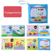 A set of soft fabric baby books depicting various modes of transportation like aircraft, trains, taxis, ships, fire trucks, b