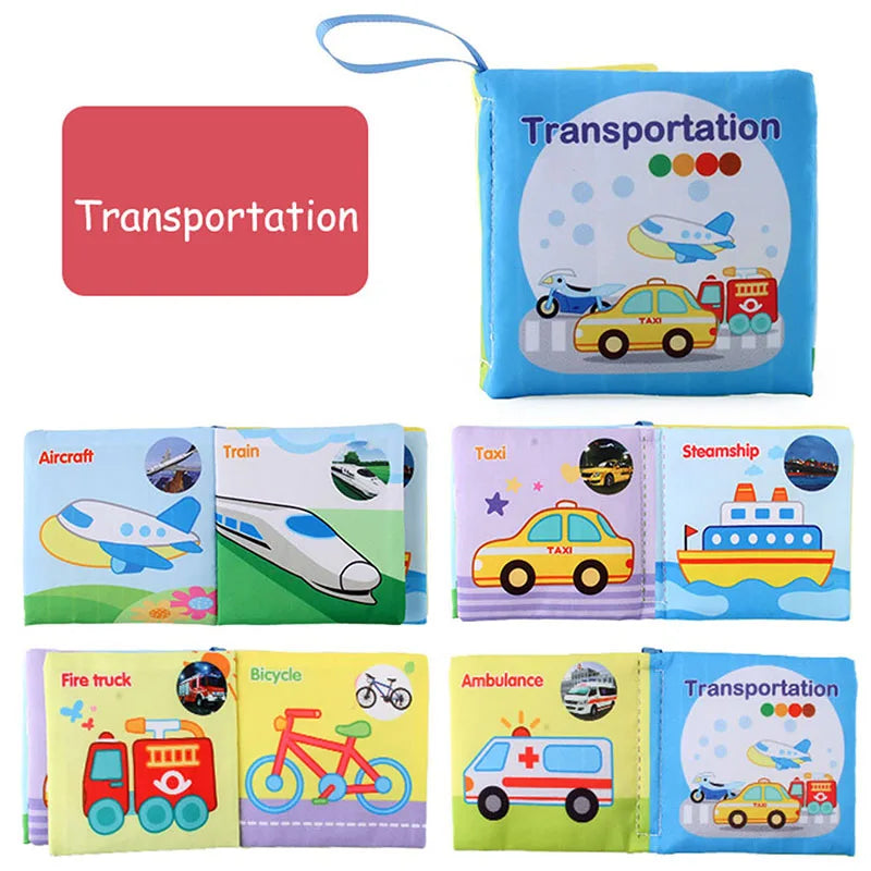 A set of soft fabric baby books depicting various modes of transportation like aircraft, trains, taxis, ships, fire trucks, b