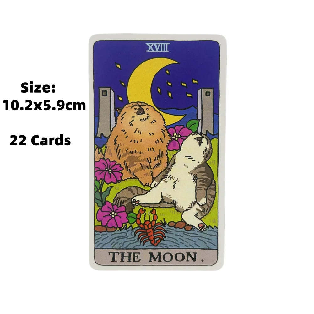 A tarot card featuring a crescent moon, a bear, and a white animal under the title The Moon.
