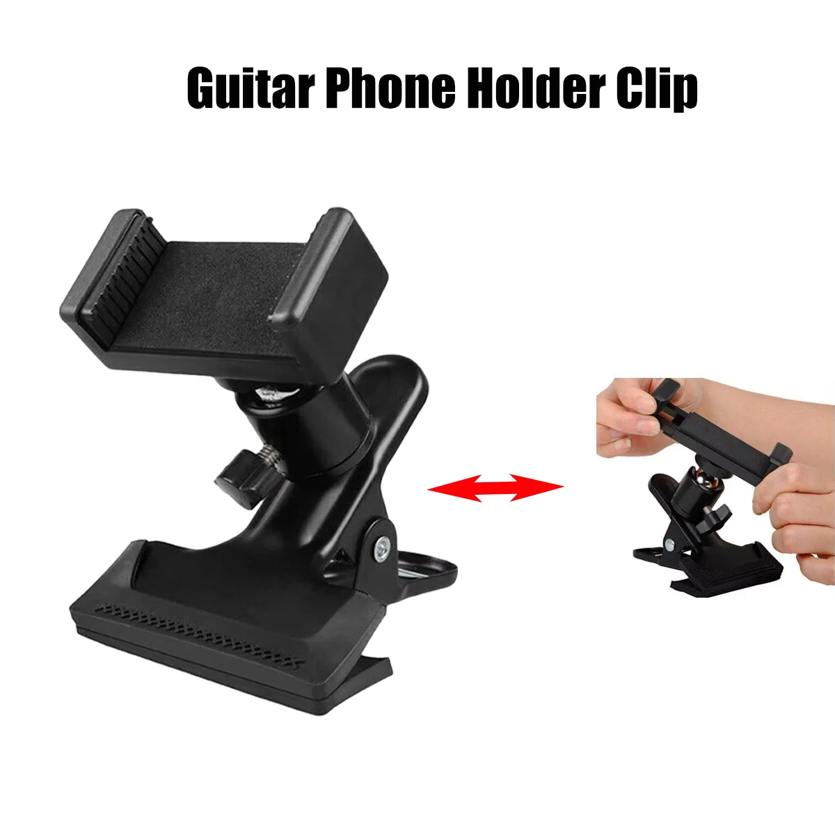 Black guitar phone holder clip designed for mounting phones onto a guitar headstock