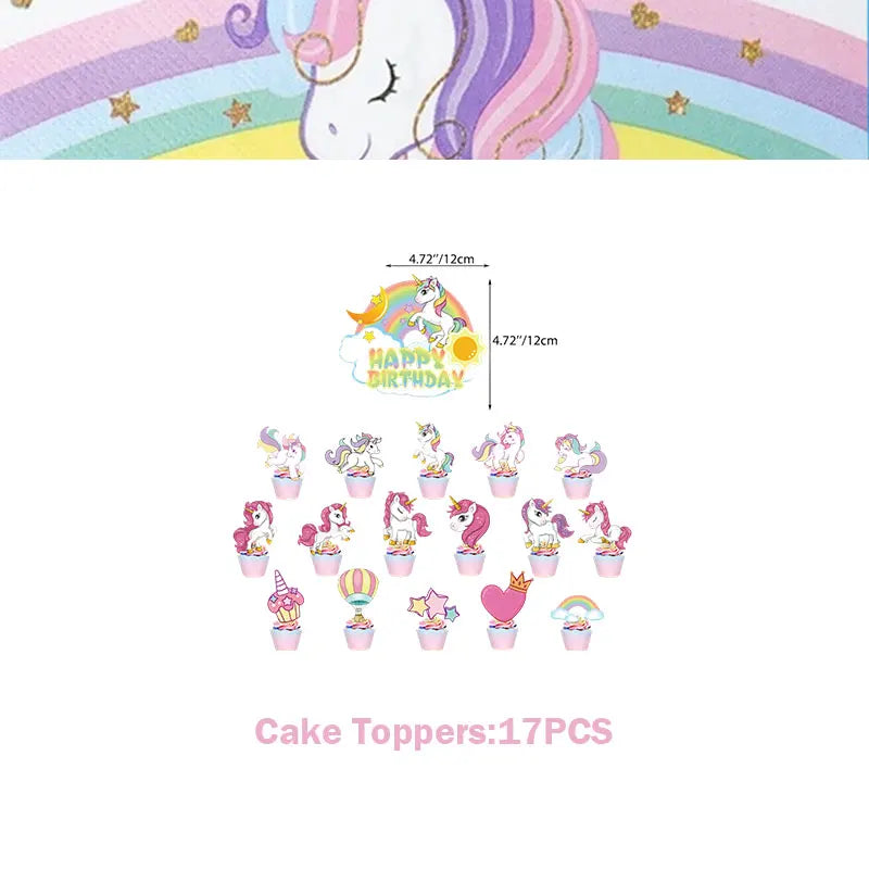 A collection of 17 colorful unicorn cake toppers for a birthday celebration.