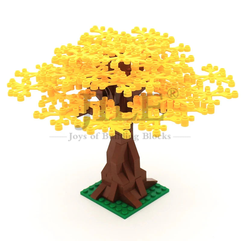 A tree made of yellow building blocks resembling a sakura cherry blossom set.