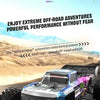 A blue and black 1:14 scale 4WD brushless RC monster truck is shown in a dynamic off-road setting.