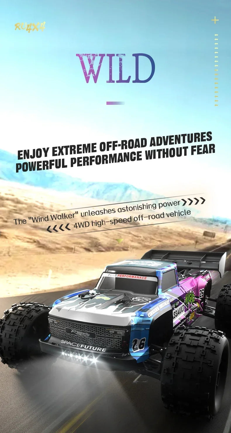 A blue and black 1:14 scale 4WD brushless RC monster truck is shown in a dynamic off-road setting.