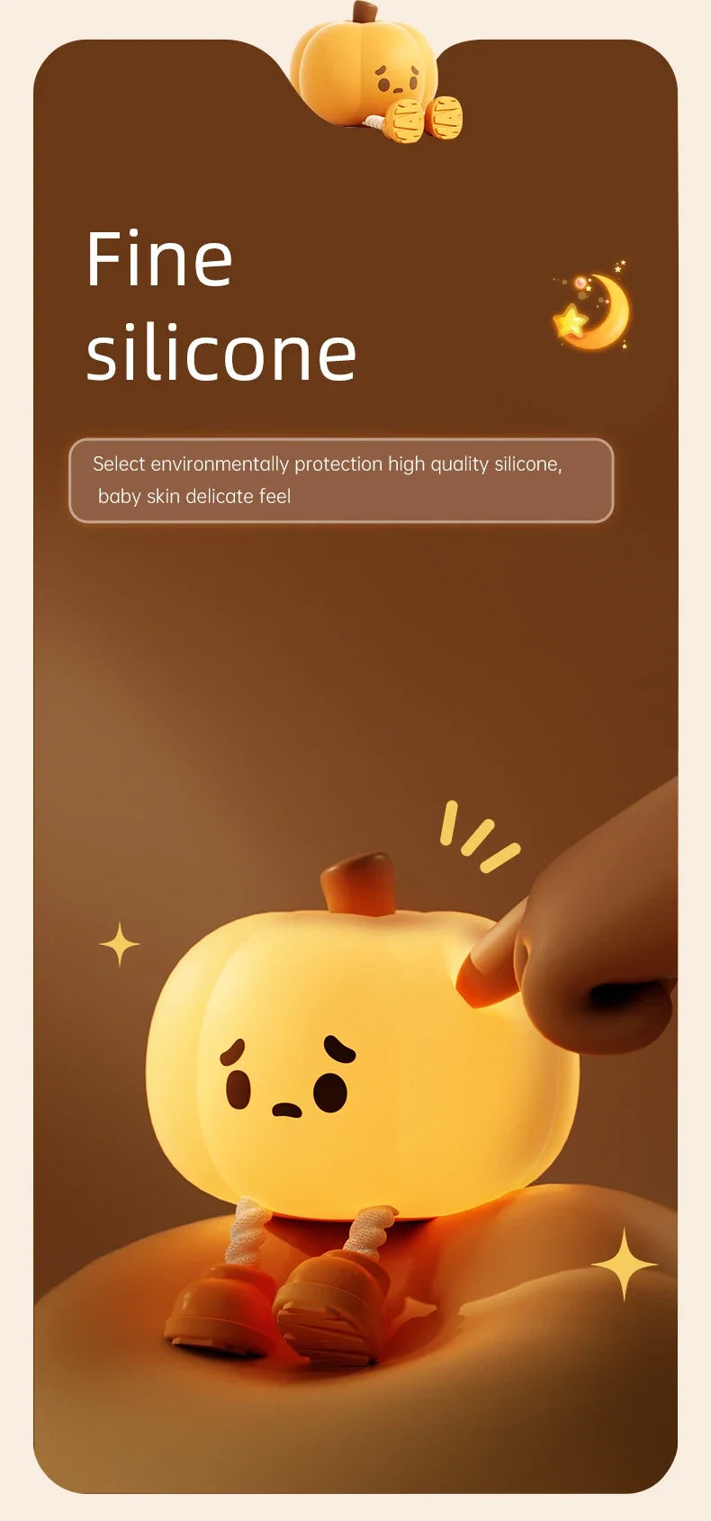 A close-up of a glowing yellow pumpkin LED night light with a face expression, resting on a brown surface.