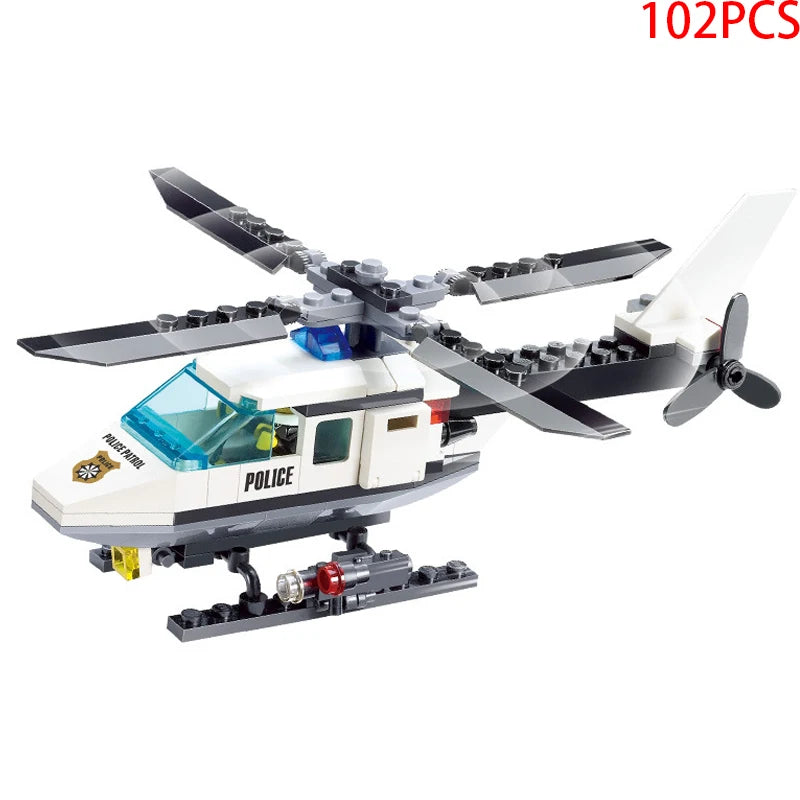 A white and black police helicopter and SWAT carrier vehicle building blocks set.