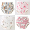 A set of reusable cotton potty training pants for toddlers in various pink and floral patterns.