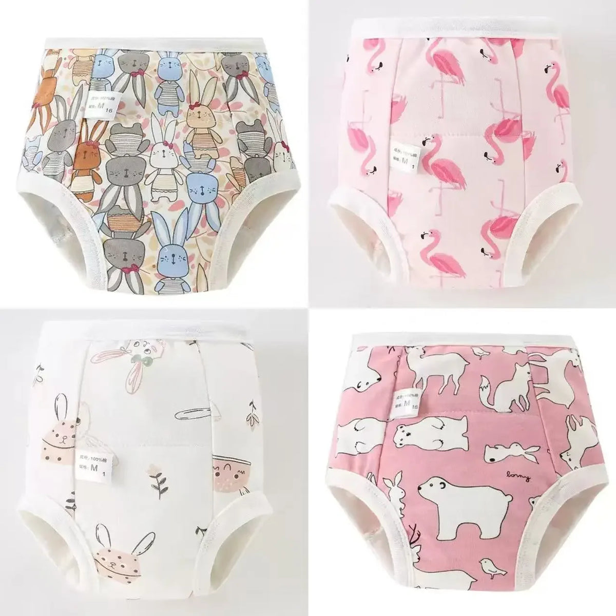 A set of reusable cotton potty training pants for toddlers in various pink and floral patterns.