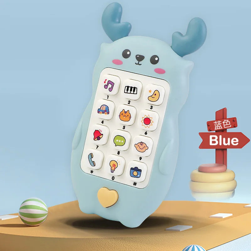 A light blue baby phone toy shaped like a bear with antlers, featuring buttons for music and sounds.
