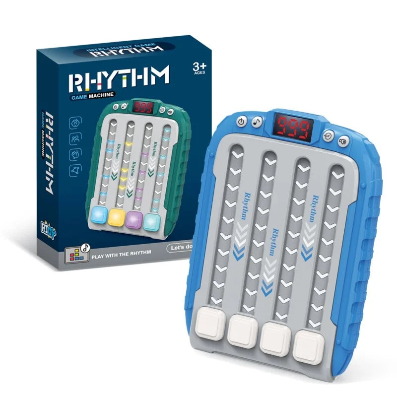 A box and a handheld game device of the Rhythm Machine light-up rhythm speed push game for kids