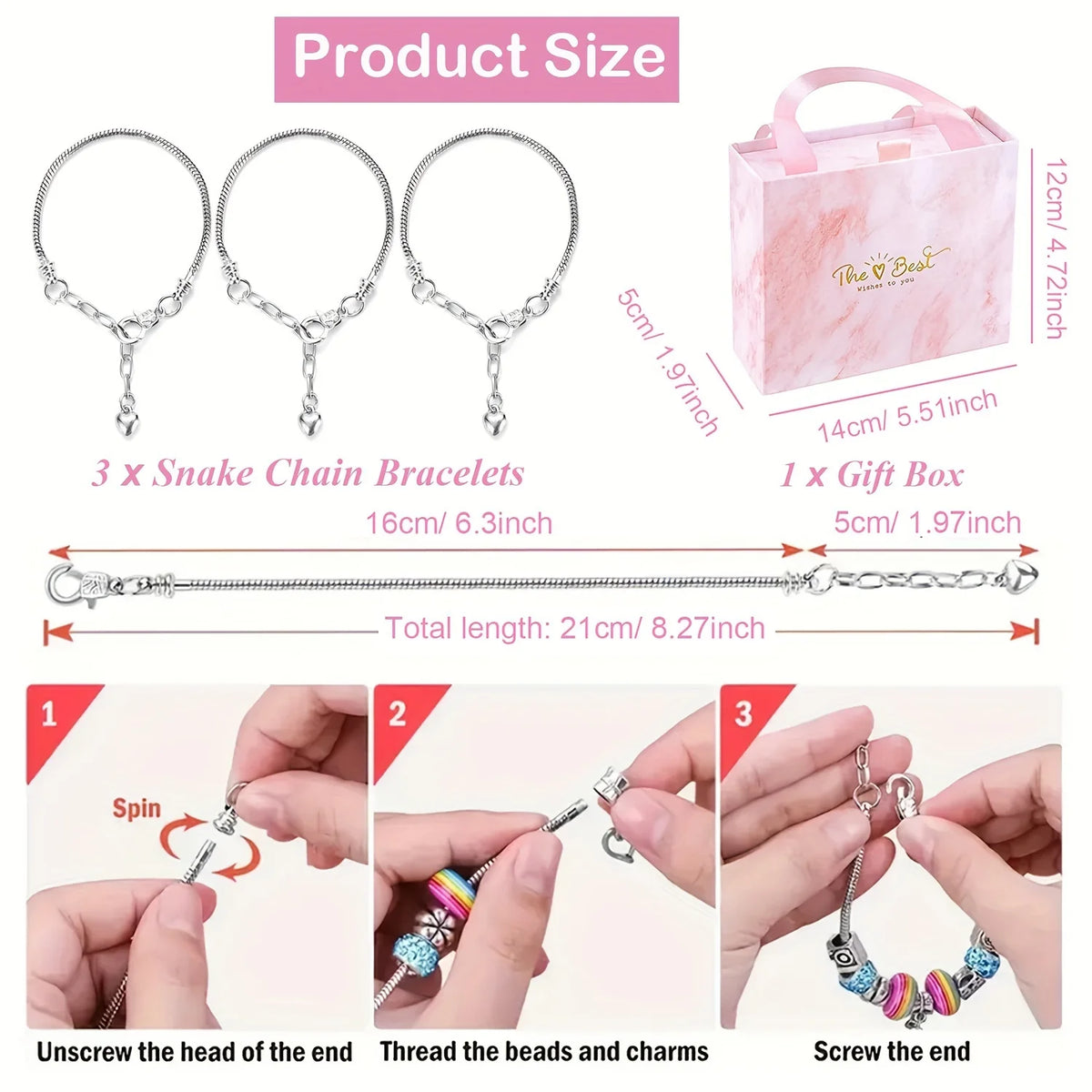 A pink charm bracelet and necklace making kit showing steps for unscrewing, threading beads, and screwing the end.