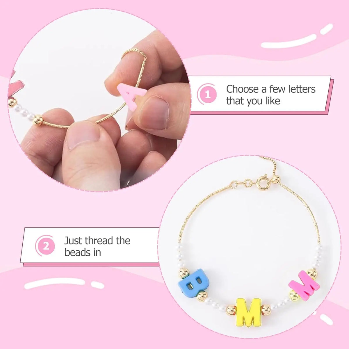 A hand is shown threading colorful acrylic alphabet letter beads onto a string for jewelry making.