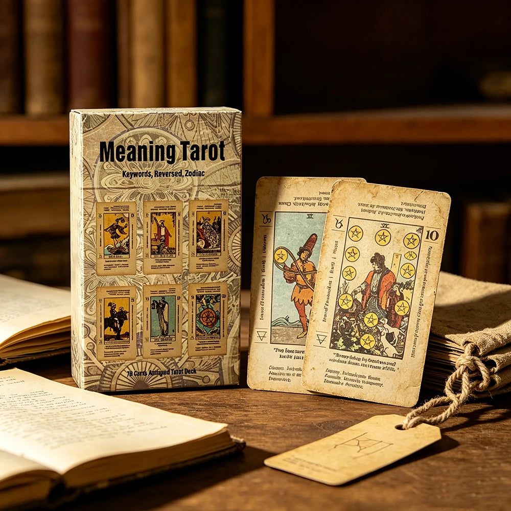 A deck of Meaning Tarot cards resting on a wooden surface next to an open book.