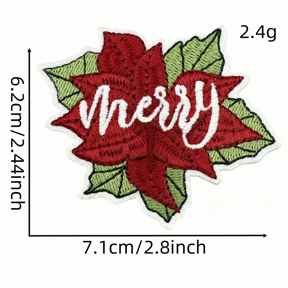 A red floral iron-on patch featuring the word Merry in white script on a green leaf background.