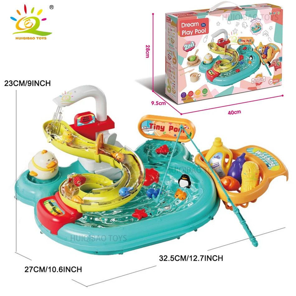 A bright blue interactive kids kitchen sink toy featuring a running water feature and fishing game for children.