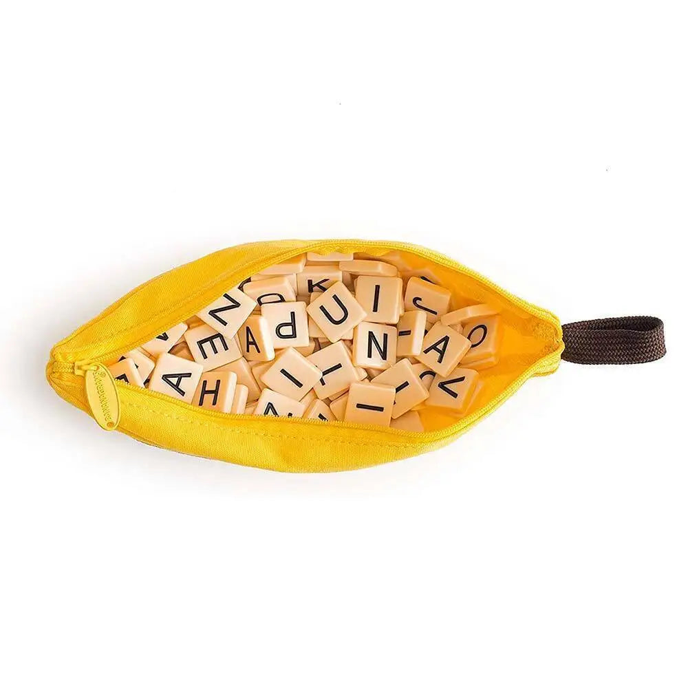 A yellow storage bag filled with alphabet spelling wooden blocks for a family game