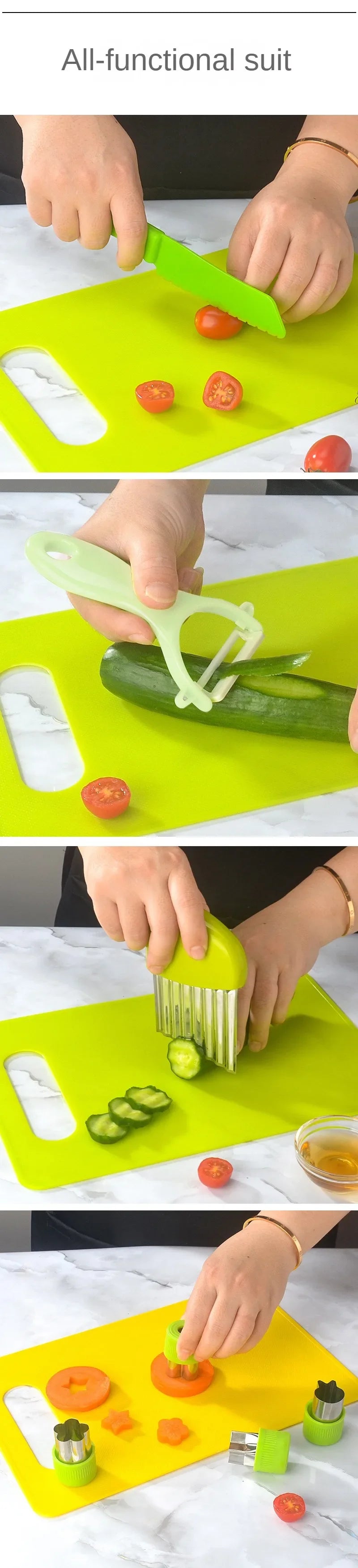 Hands are preparing food on a bright green cutting board using a kids cooking set with safe knives and tools.