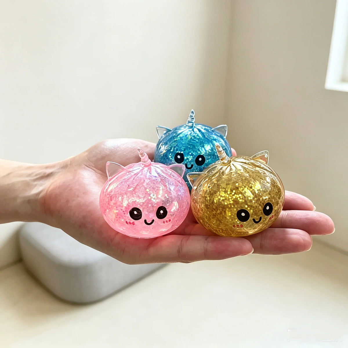 Three squishy stress balls shaped like unicorns in pink, blue, and gold are held in a hand.