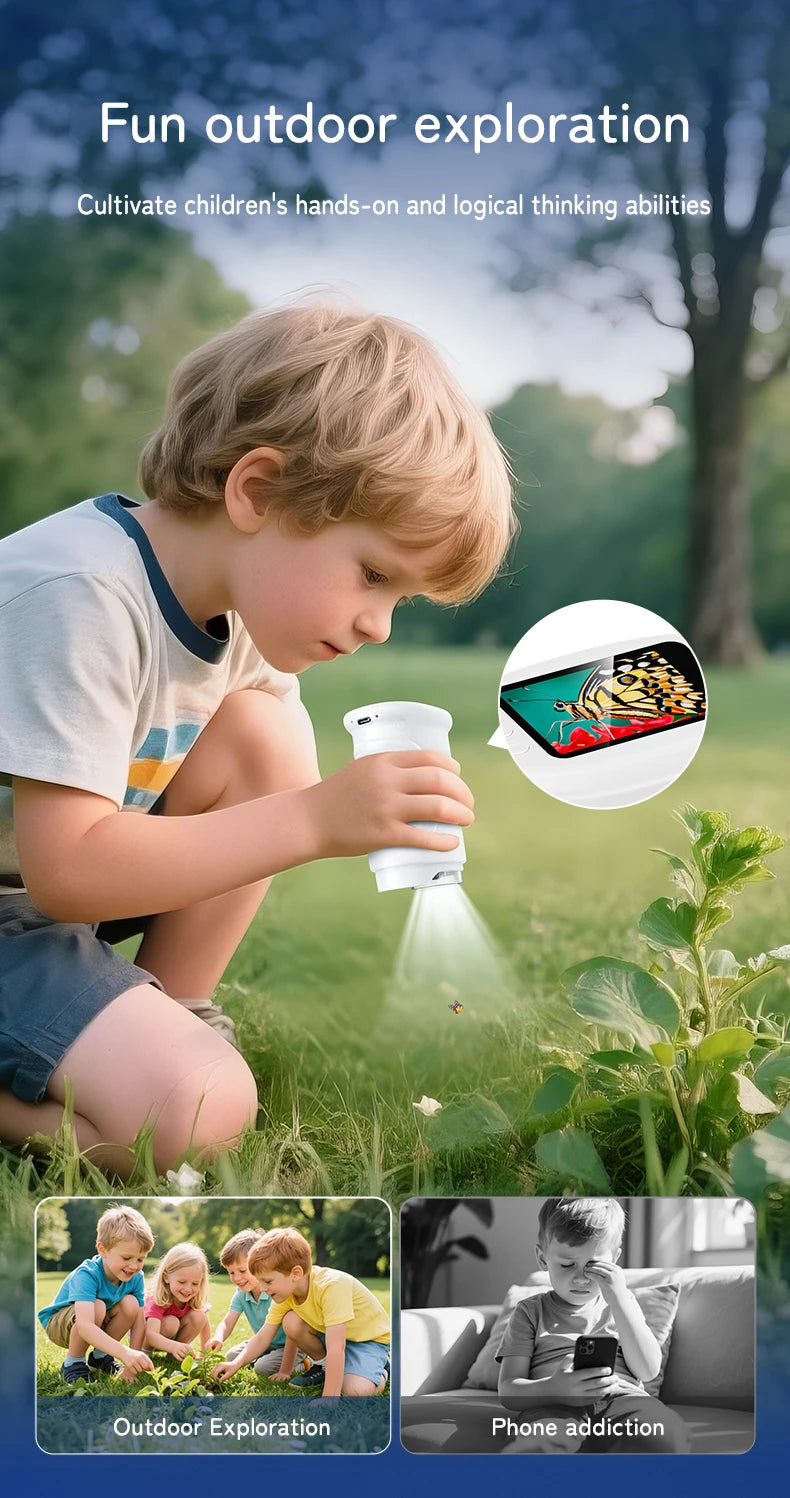 A young boy is using a portable digital microscope to explore plants outdoors for hands-on learning.