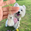 A dog-shaped pet hair keepsake keychain is being held in a hand against a green grassy background.
