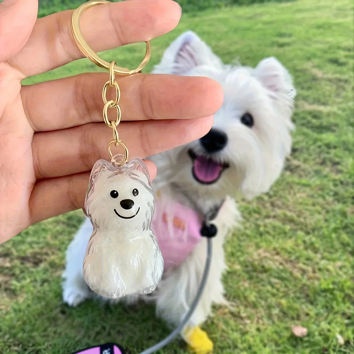 A dog-shaped pet hair keepsake keychain is being held in a hand against a green grassy background.