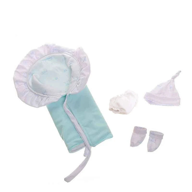A light purple and mint green cozy winter romper outfit for a 12-inch reborn doll.