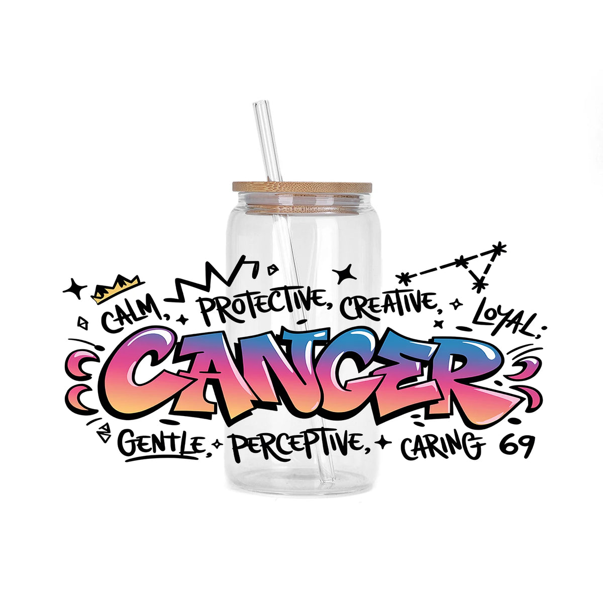 Colorful graffiti art text on a clear bottle featuring the word CANCER surrounded by stars and words like calm protective cre