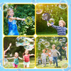 A collection of children playing outdoors with giant bubbles and bubble wands in a sunny park setting.