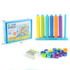 A set of colorful stacking rings in various shades of yellow, green, blue, and orange for early learning.