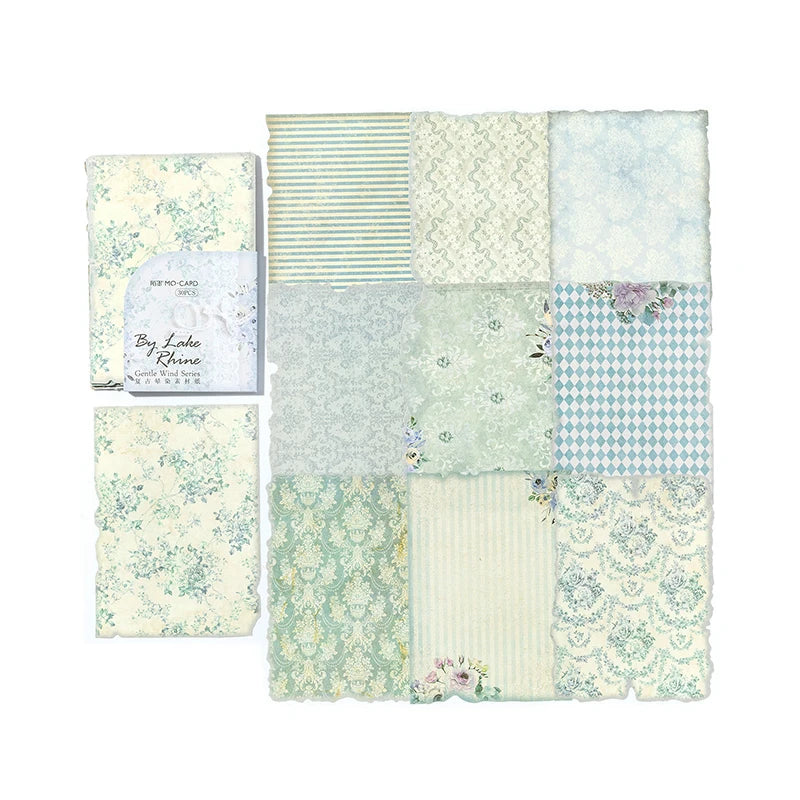 A collection of vintage paper sheets featuring various light green, blue, and cream tones with floral and striped patterns.
