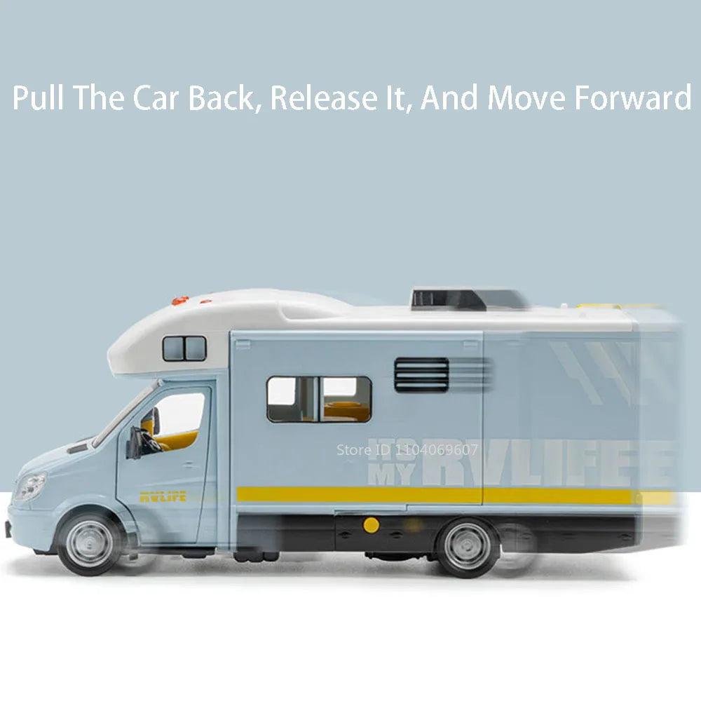 A light blue diecast camping RV is shown with a yellow stripe, demonstrating how to pull the car back and move forward.