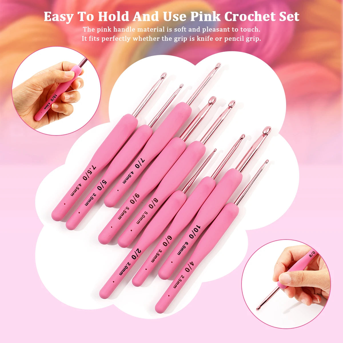 Pink Aluminum Crochet Hook Set – 9 Sizes (2.5–6.0mm)