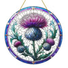 Round acrylic window hanging featuring a purple and blue Scottish thistle flower design.