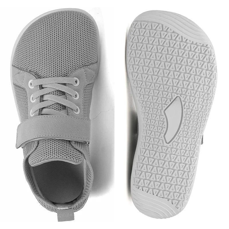 Gray minimalist barefoot sneakers shown from the top and bottom views