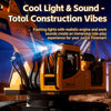 An orange RC excavator toy with flashing lights and sounds is shown in a construction setting.