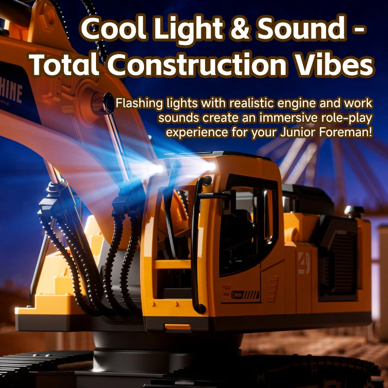 An orange RC excavator toy with flashing lights and sounds is shown in a construction setting.