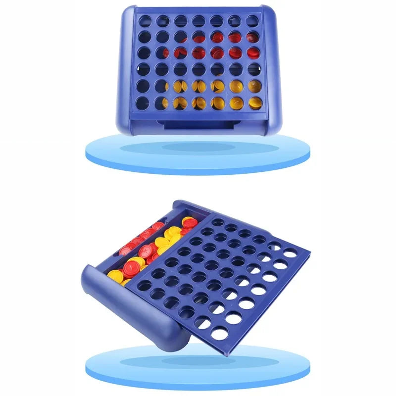 A blue foldable Connect 4 board game with colored plastic discs inside and an accompanying base.