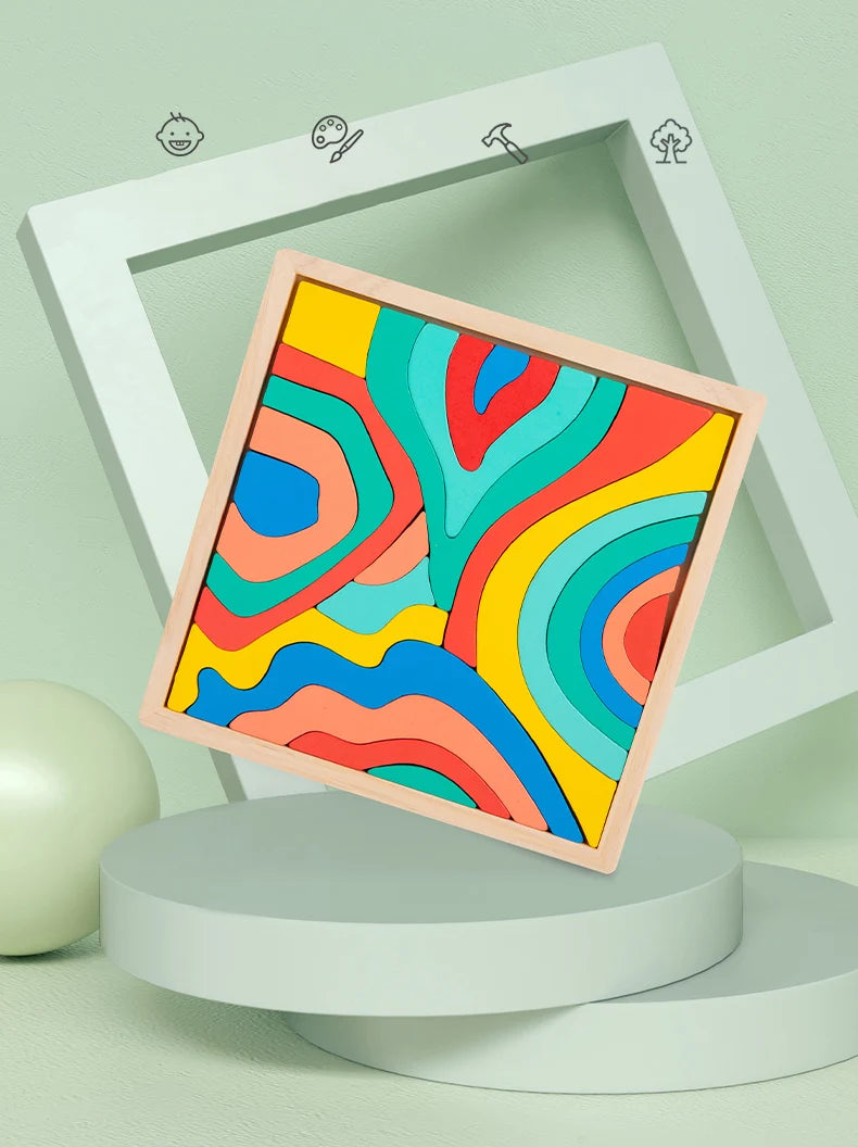 A colorful wooden puzzle featuring abstract rainbow lines displayed in a white picture frame.
