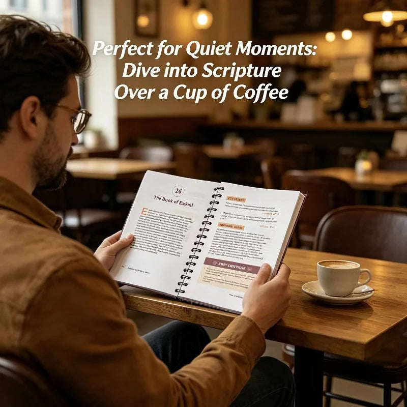Un homme lit un journal d'étude biblique avec une tasse de café dans un cadre chaleureux intérieur.