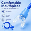 A blue silicone mouthpiece and tube assembly for snorkeling or diving, shown with accompanying components.