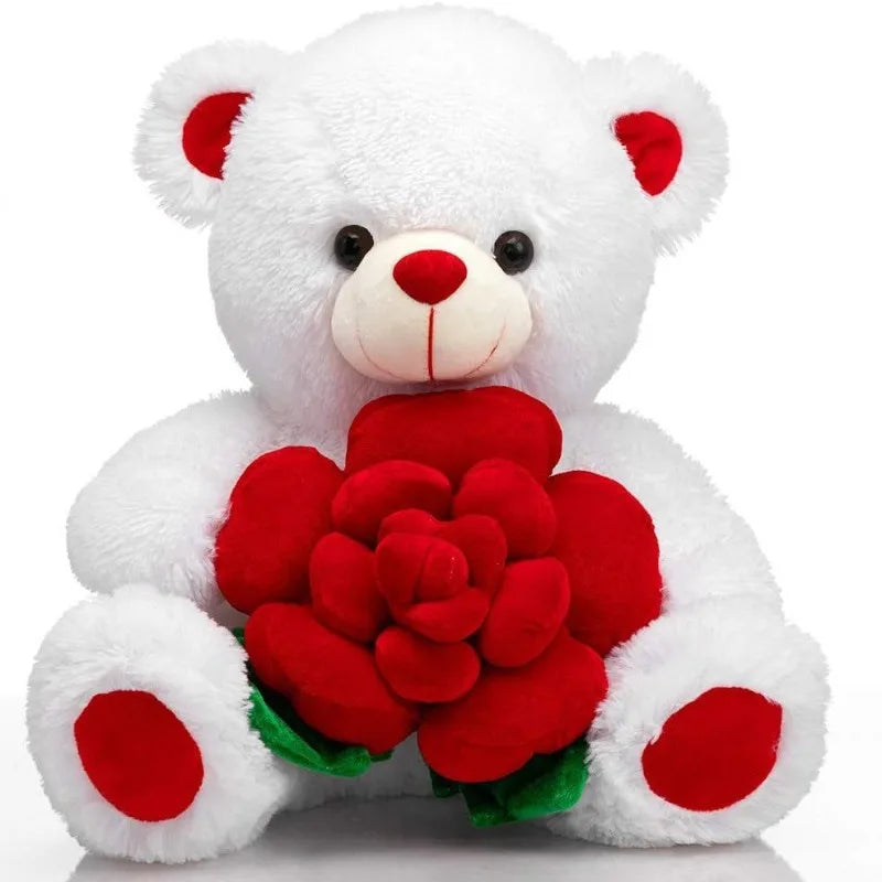 Adorable white plush bear holding a large red rose