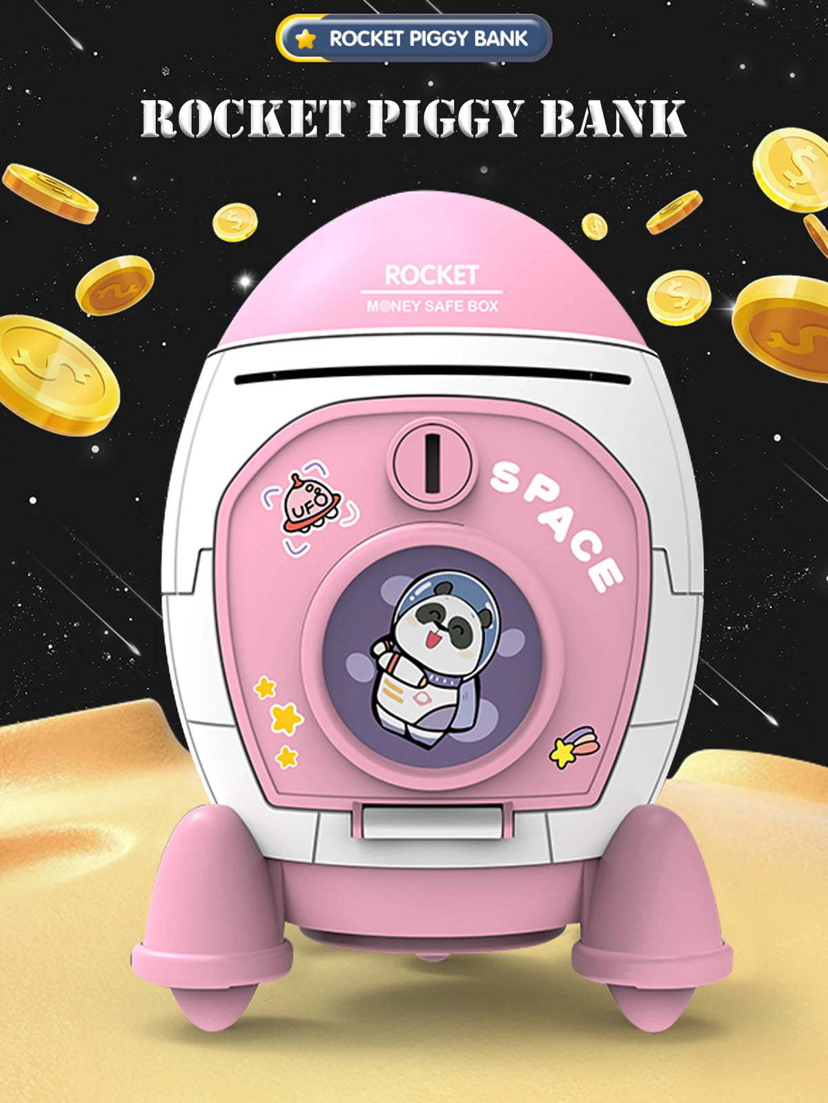 A pink rocket shaped piggy bank with a key lock and a panda face is shown on a yellow surface against a starry background.