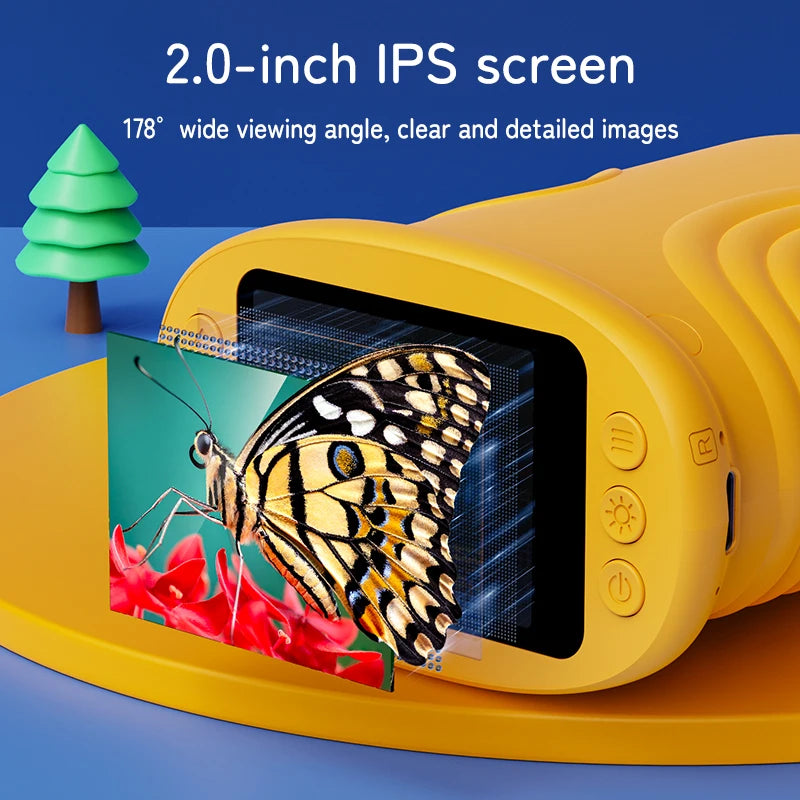 A yellow portable digital microscope with a 2.0-inch IPS screen is shown displaying a butterfly.