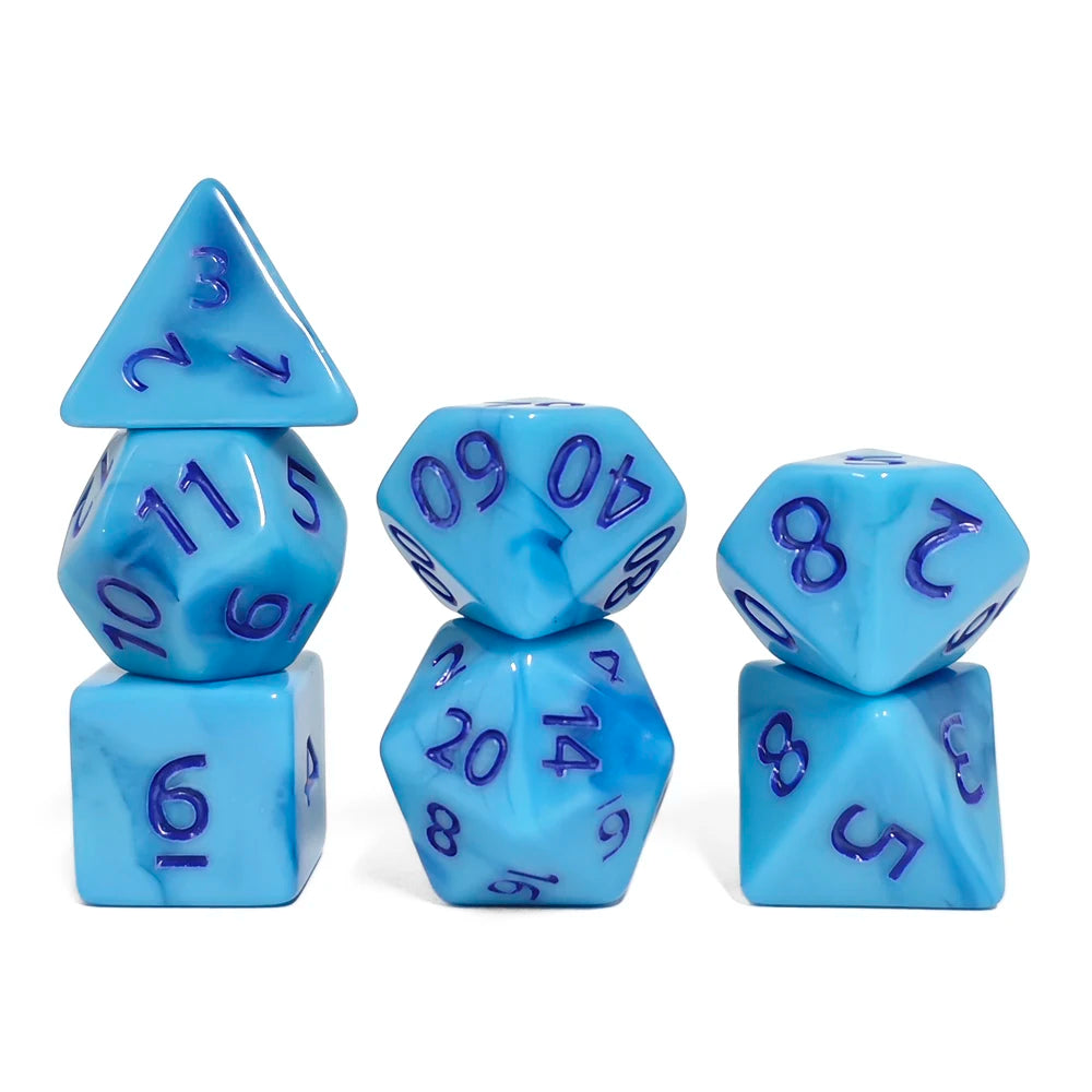 A set of seven polyhedral dice in a deep blue color with a swirling pattern.