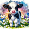 A cute black and white calf with large ears stands among white flowers in a vibrant outdoor setting.