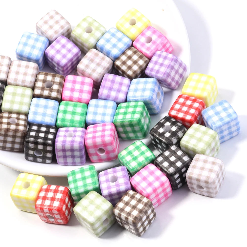 Classic Plaid Acrylic Cube Beads for Jewelry Making