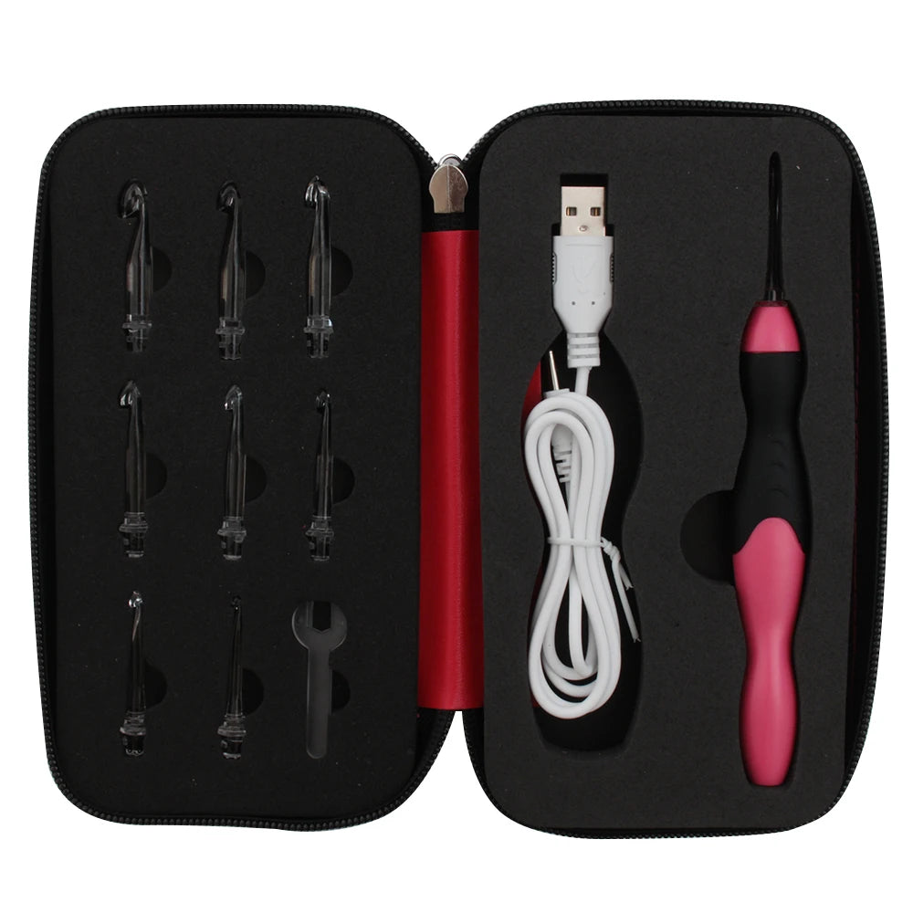 Black case containing an LED crochet hook set with nine interchangeable tips and a red light.